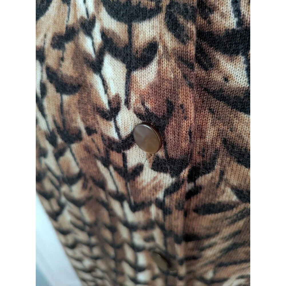Talbots Pure Merino Wool Cardigan Sweater Womens XL Brown Feather Print Academia